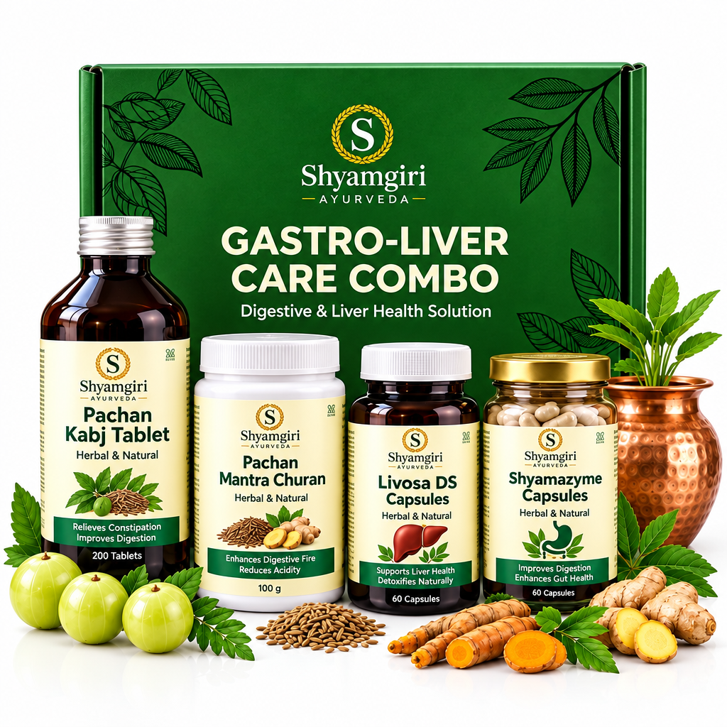 Shyamgiri Ayurveda Gastro-Liver kit featuring a green gift box, Pachan kabj.